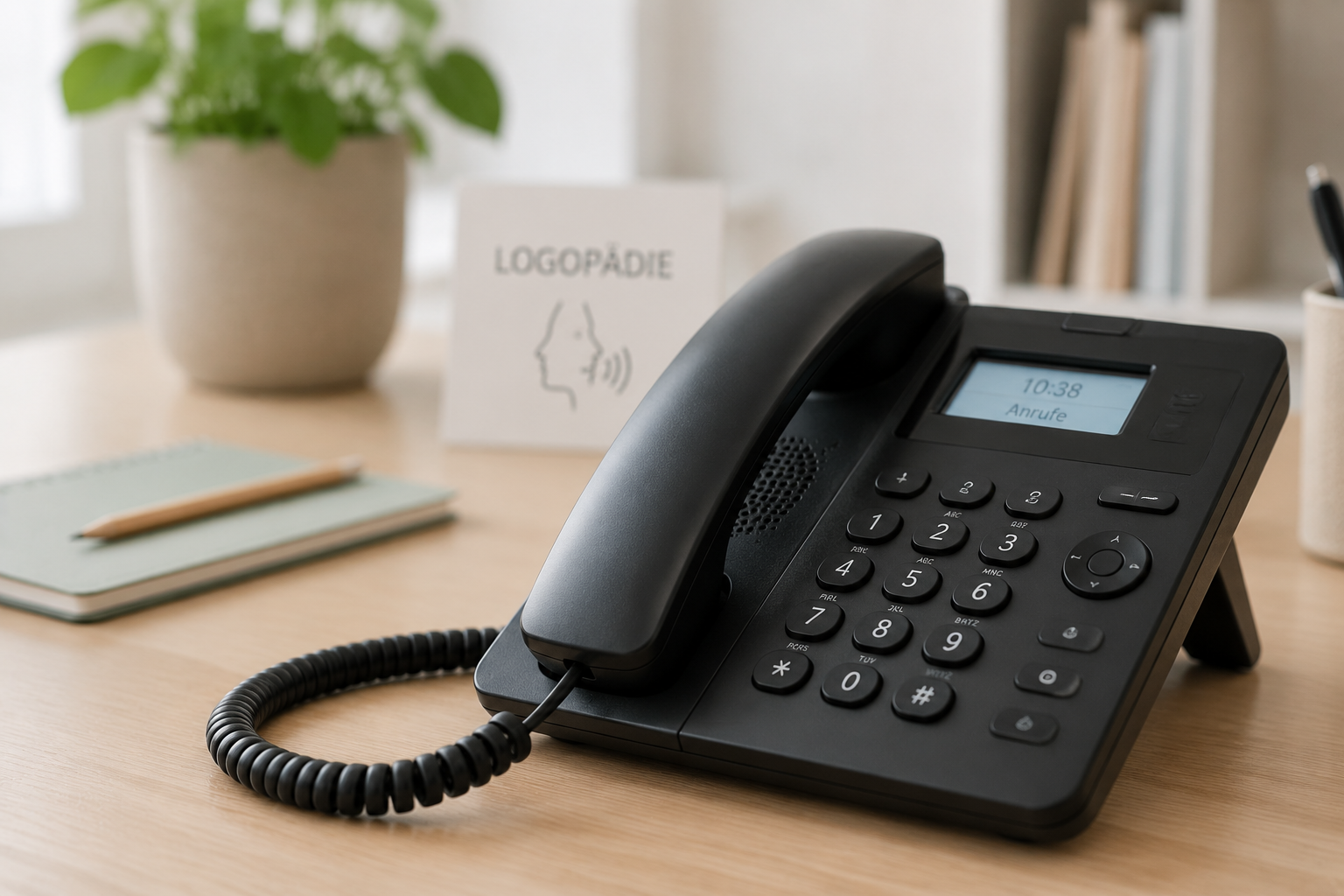Schreibtisch in einer Logopädie mit Telefon